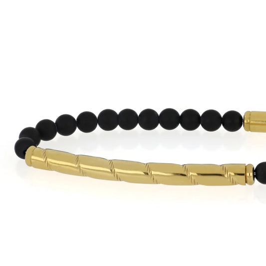 GOYATE' - BRACCIALE IN ACCIAIO DORATO CON SPERE NERE E PLACCHETTA CENTRALE