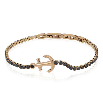 GOYATE' -  BRACCIALE UOMO IN ACCIAIO ORO ROSE' CON ANCORA E CRISTALLI NERI