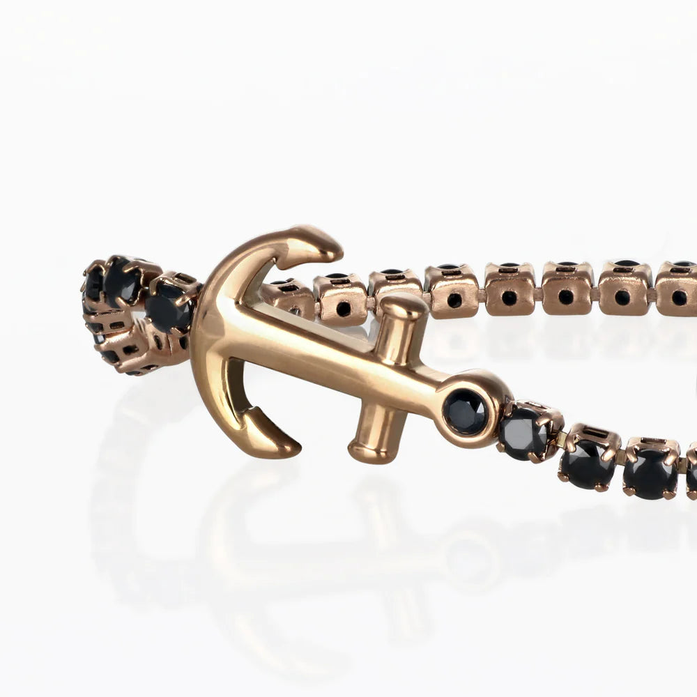 GOYATE' -  BRACCIALE UOMO IN ACCIAIO ORO ROSE' CON ANCORA E CRISTALLI NERI