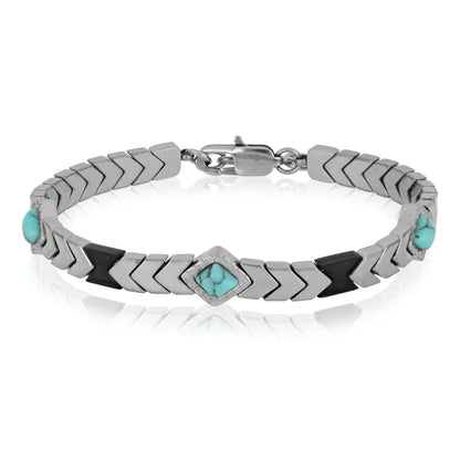 GOYATE' - BRACCIALE MAGLIA PIATTA IN EMATITE CON ROMBO IN PASTA DI TURCHESE E CERAMICA NERA