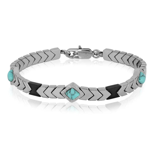 GOYATE' - BRACCIALE MAGLIA PIATTA IN EMATITE CON ROMBO IN PASTA DI TURCHESE E CERAMICA NERA