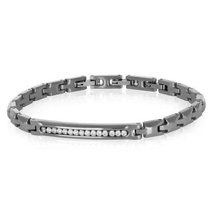 GOYATE' - BRACCIALE IN ACCIAIO CON PLACCHETTA CENTRALE CON ZIRCONI BIANCHI