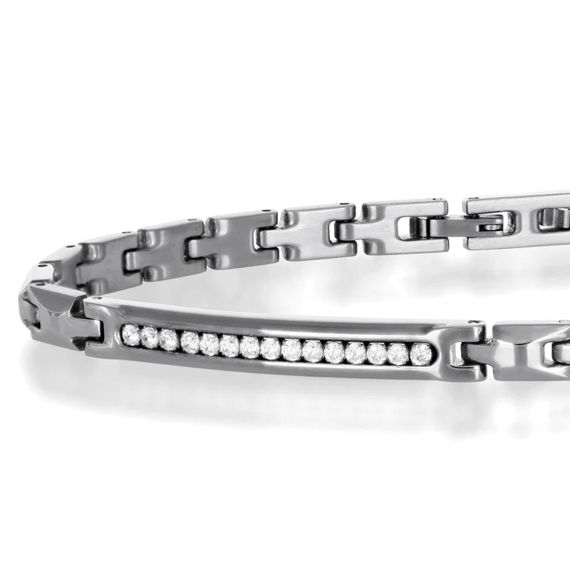 GOYATE' - BRACCIALE IN ACCIAIO CON PLACCHETTA CENTRALE CON ZIRCONI BIANCHI