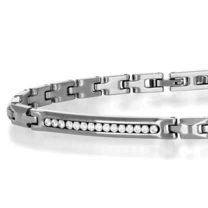 GOYATE' - BRACCIALE IN ACCIAIO CON PLACCHETTA CENTRALE CON ZIRCONI BIANCHI