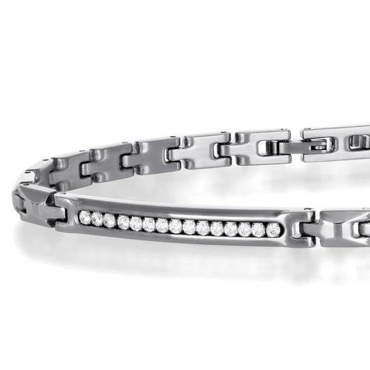 GOYATE' - BRACCIALE IN ACCIAIO CON PLACCHETTA CENTRALE CON ZIRCONI BIANCHI