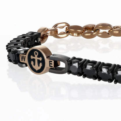 GOYATE' - BRACCIALE UOMO IN ACCIAIO ORO ROSE' CON ANCORA E ZIRCONI NERI