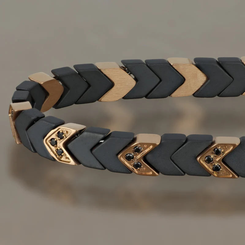 GOYATE' - BRACCIALE UOMO ACCIAIO ROSE', EMATITE E ZIRCONI NERI