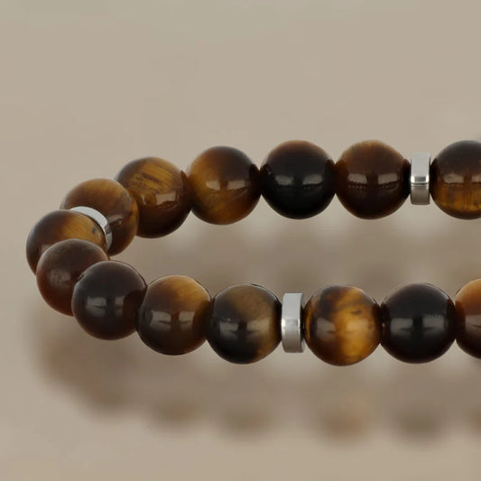 GOYATE' - BRACCIALE ACCIAIO E PIETRE DURE SFERE OCCHIO DI TIGRE