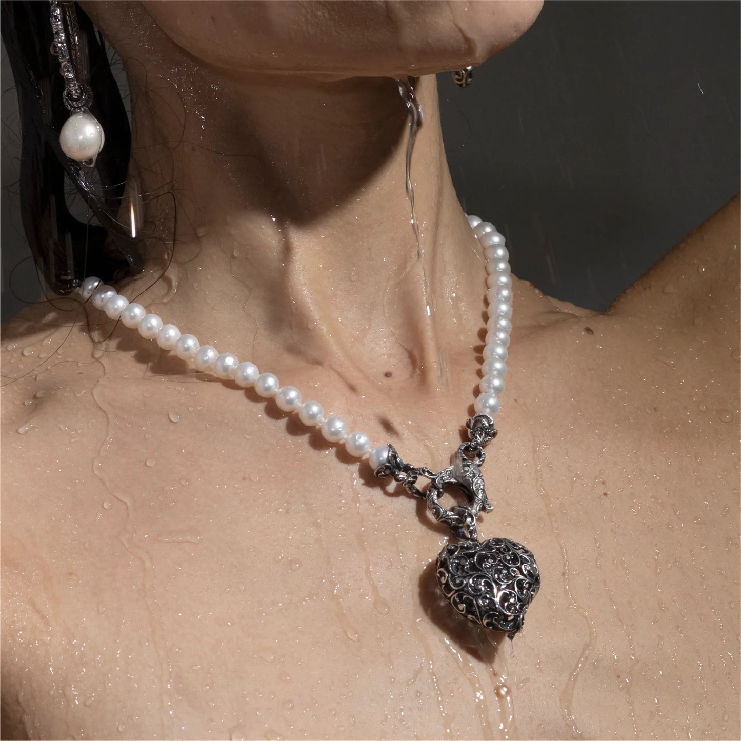 MARIAELUISA JEWELS - COLLANA PERLE CON CIONDOLO CUORE ARGENTO BRUNITO