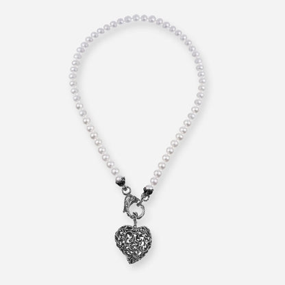 MARIAELUISA JEWELS - COLLANA PERLE CON CIONDOLO CUORE ARGENTO BRUNITO