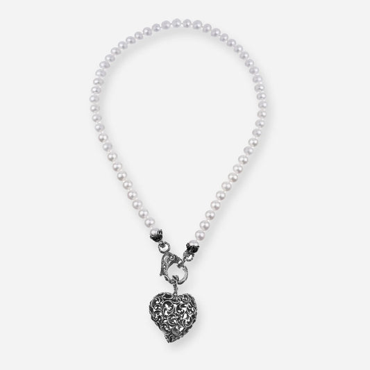 MARIAELUISA JEWELS - COLLANA PERLE CON CIONDOLO CUORE ARGENTO BRUNITO