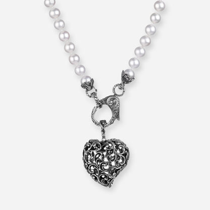 MARIAELUISA JEWELS - COLLANA PERLE CON CIONDOLO CUORE ARGENTO BRUNITO