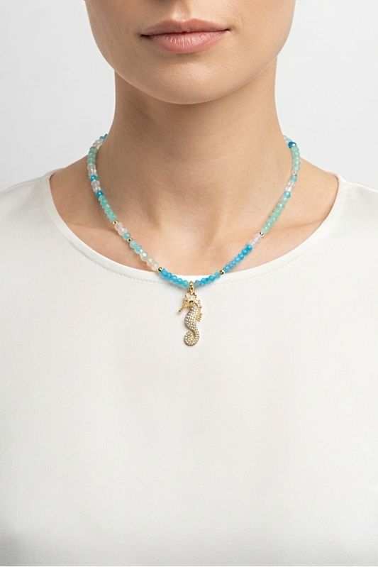 SICYLUI - COLLANA GIROCOLLO CON ZIRCONI AZZURRI E CAVALLUCCIO DORATO