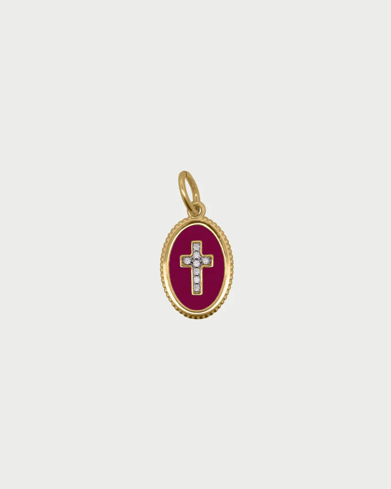 CHARM BAR - CIONDOLO CROCE IN ARGENTO DORATO SMALTO BURGUNDY E ZIRCONI BIANCHI