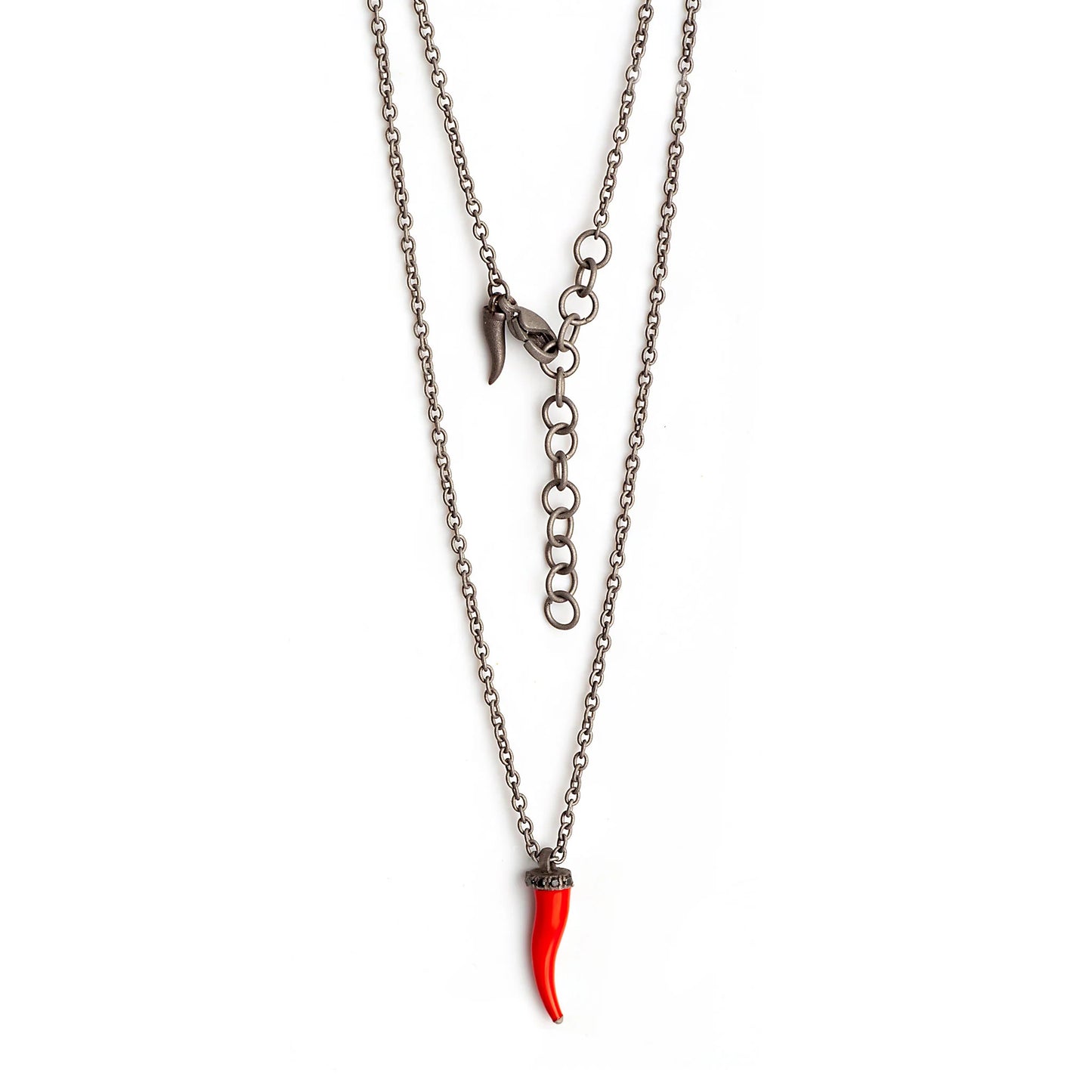 MANO J -  COLLANA LINEA CHARMS CON CORNETTO ROSSO, 5 DIAMANTI BLACK E CATENA