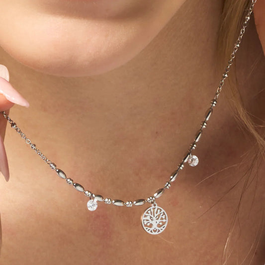 LUCA BARRA - COLLANA IN ACCIAIO CON ALBERO DELLA VITA E ZIRCONI BIANCHI