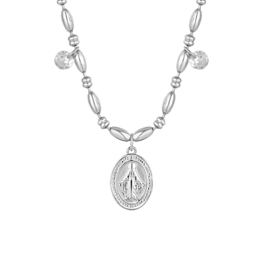 LUCA BARRA - COLLANA IN ACCIAIO CON MADONNINA MIRACOLOSA E ZIRCONI BIANCHI