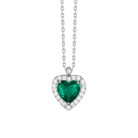 LUCA BARRA - COLLANA IN ACCIAIO CON CUORE CON ZIRCONI VERDI E BIANCHI