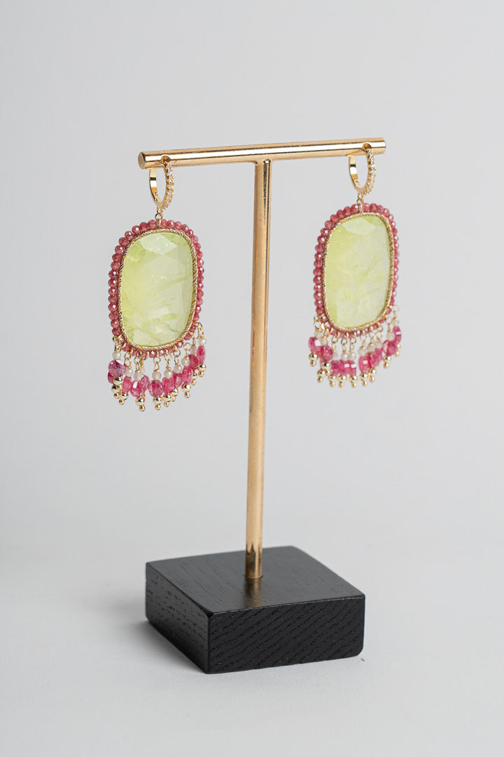 SICYLUI - GOLD-PLATED SILVER DROP EARRINGS WITH LIME GREEN AND FUCHSIA ZIRCONIA