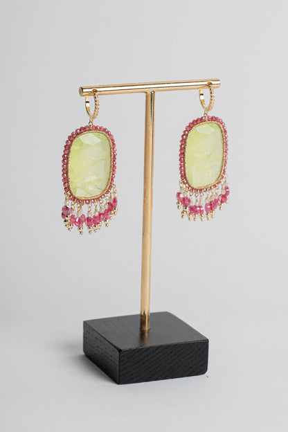 SICYLUI - GOLD-PLATED SILVER DROP EARRINGS WITH LIME GREEN AND FUCHSIA ZIRCONIA