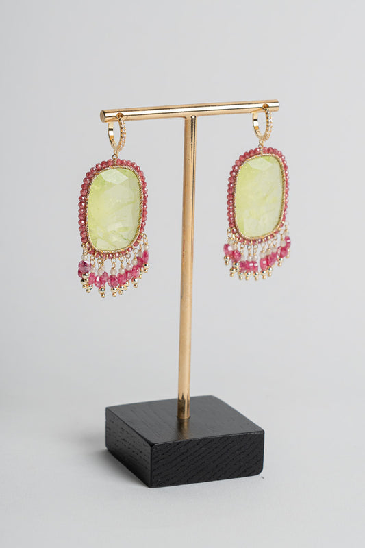 SICYLUI - ORECCHINI PENDENTI IN ARGENTO DORATO CON ZIRCONI VERDE LIME E FUCSIA