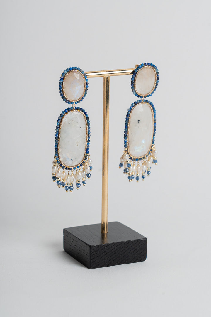 SICYLUI - ORECCHINI PENDENTI IN ARGENTO DORATO CON LABRADORITE E ZIRCONI BLU