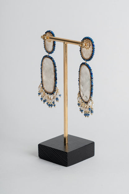 SICYLUI - ORECCHINI PENDENTI IN ARGENTO DORATO CON LABRADORITE E ZIRCONI BLU