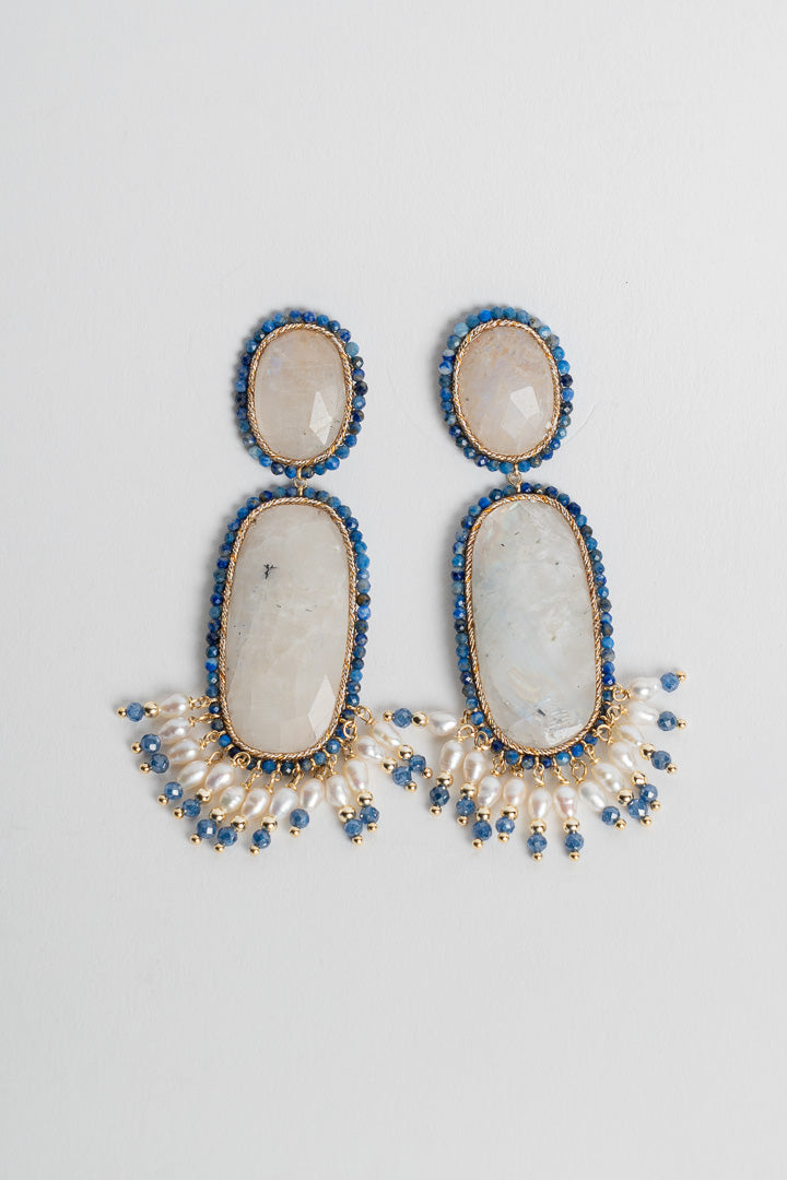 SICYLUI - ORECCHINI PENDENTI IN ARGENTO DORATO CON LABRADORITE E ZIRCONI BLU