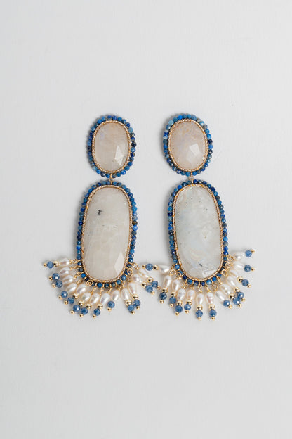 SICYLUI - ORECCHINI PENDENTI IN ARGENTO DORATO CON LABRADORITE E ZIRCONI BLU