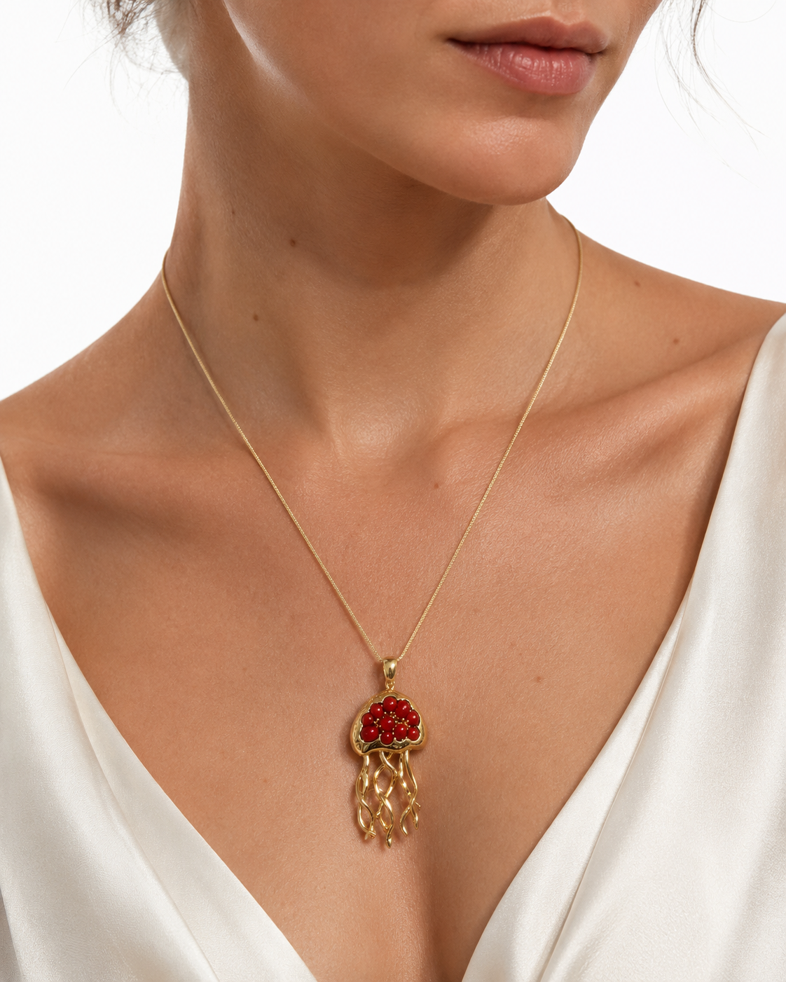 SOARA - COLLANA MEDUSA IN ARGENTO DORATO E SFERE IN CORALLO