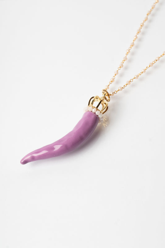 SICYLUI - COLLANA CORNO IN CERAMICA LILLA E CORONA