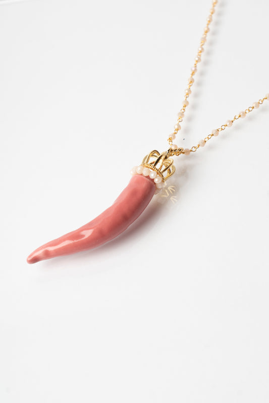 SICYLUI - COLLANA CORNO IN CERAMICA ROSA ANTICO E CORONA