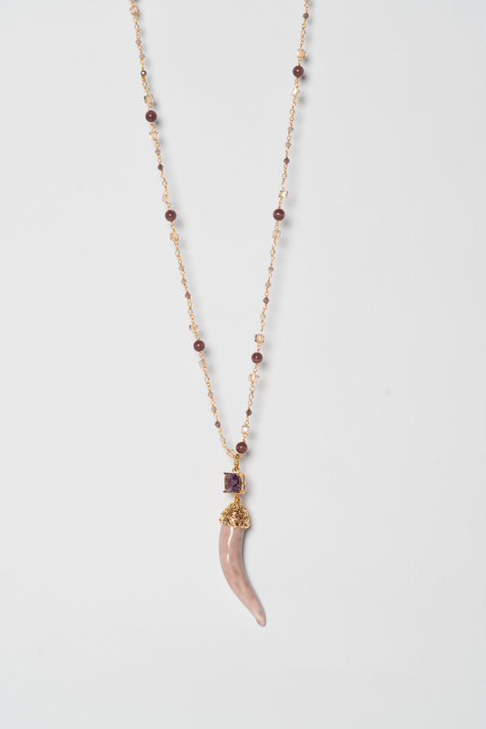 SICYLUI - COLLANA CORNO IN CERAMICA ROSA CIPRIA E CRISTALLO CENTRALE VIOLA