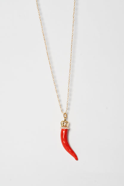 SICYLUI - COLLANA CORNO IN CERAMICA ROSSA CON CORONA E CORALLINI BIANCO LATTE