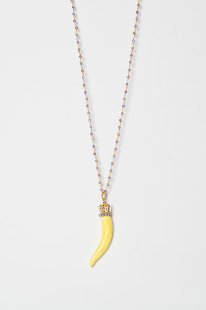 SICYLUI - COLLANA CORNO IN CERAMICA GIALLO CON CORONA E CORALLINI VIOLA