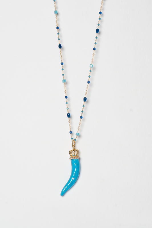 SICYLUI - COLLANA CORNO IN CERAMICA TURCHESE CON CORONA E CORALLINI BLU