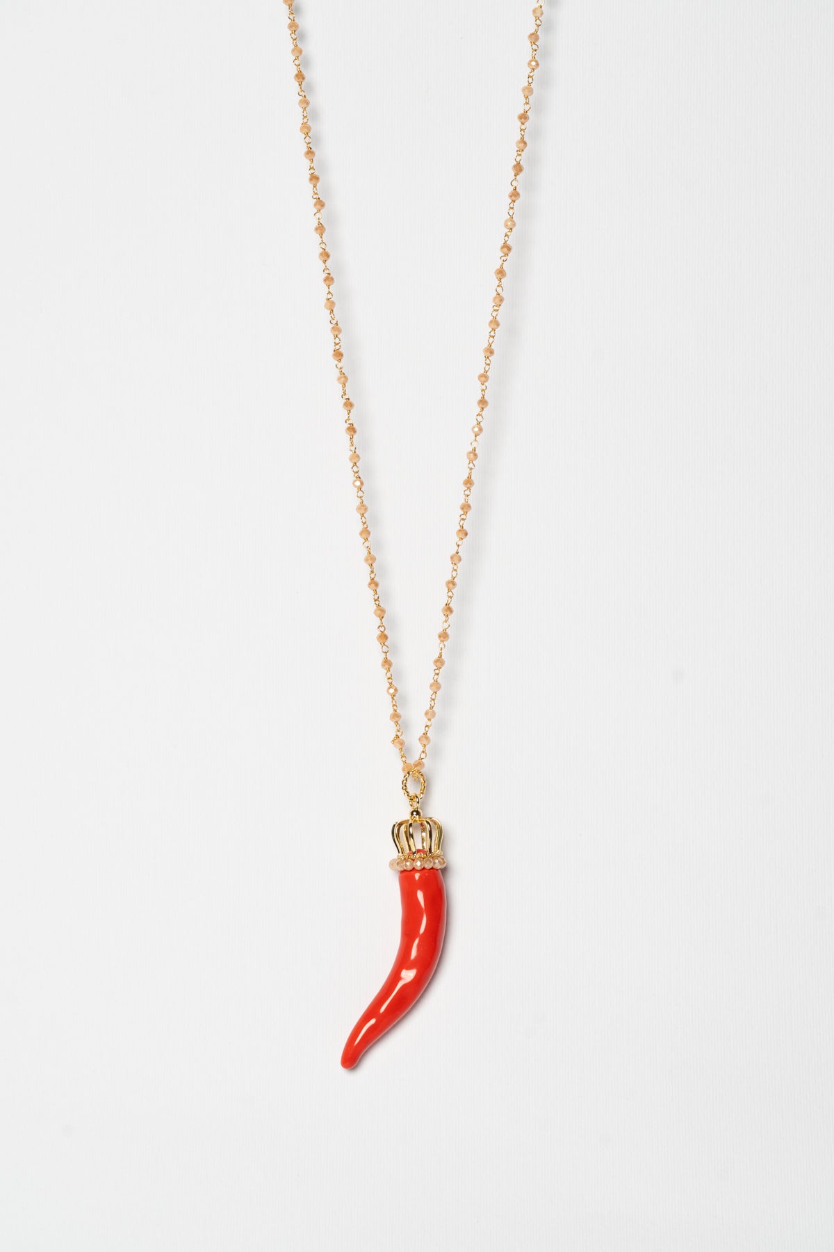 SICYLUI - COLLANA CORNO IN CERAMICA ROSSO CON CORONA E CORALLINI BEIGE