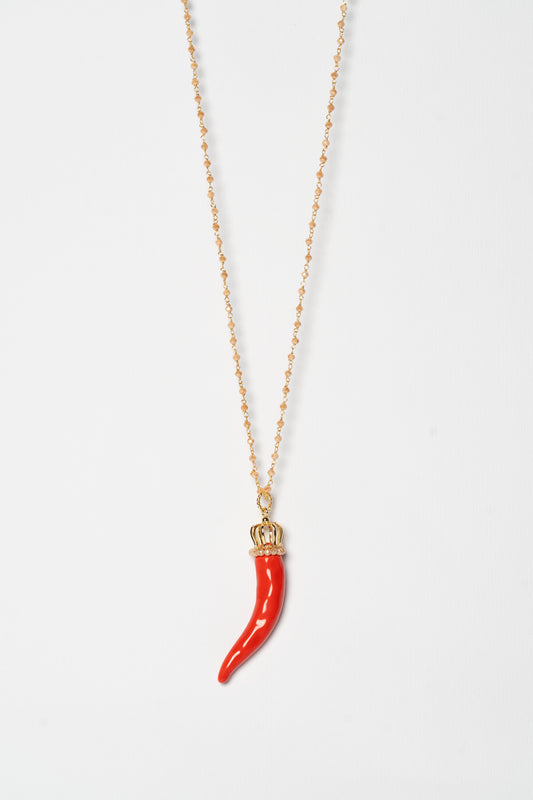 SICYLUI - COLLANA CORNO IN CERAMICA ROSSO CON CORONA E CORALLINI BEIGE