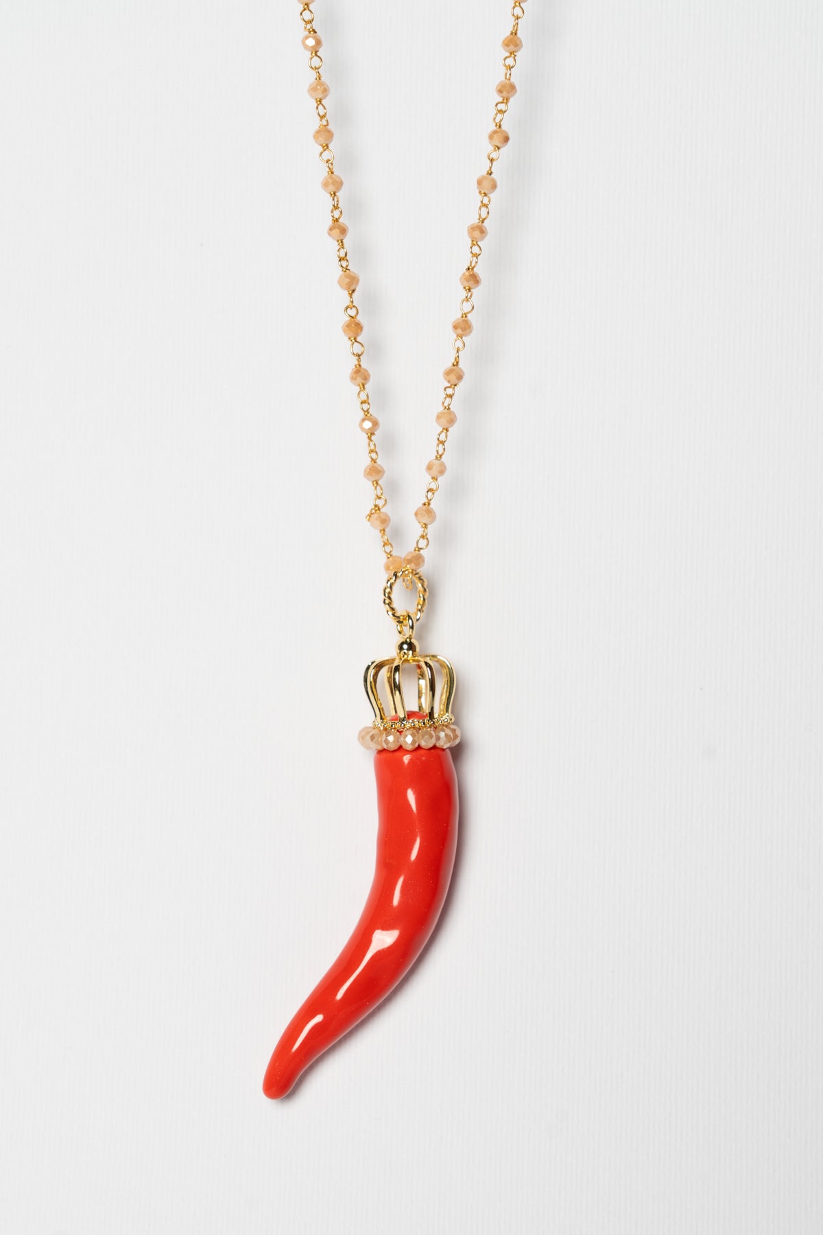 SICYLUI - COLLANA CORNO IN CERAMICA ROSSO CON CORONA E CORALLINI BEIGE