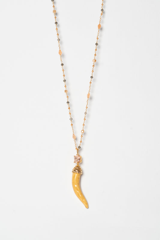 SICYLUI - COLLANA CORNO IN CERAMICA CREMA CON CRISTALLO AMBRA