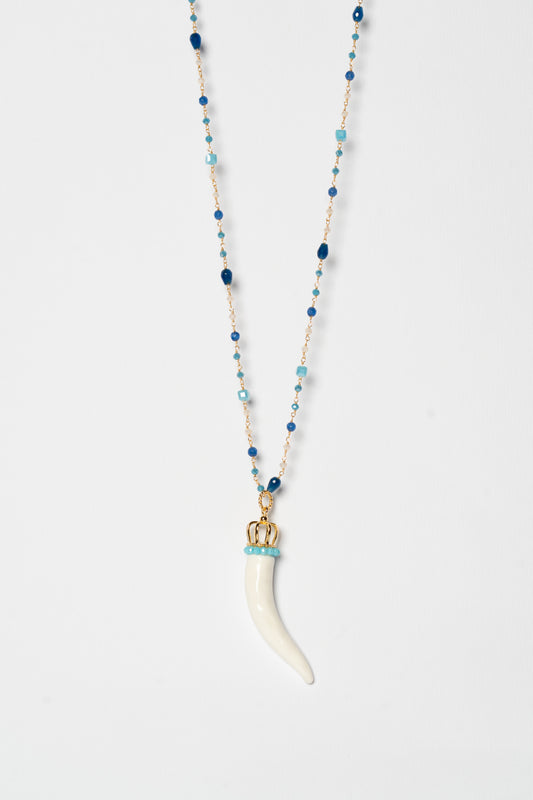 SICYLUI - COLLANA CORNO IN CERAMICA BIANCO CON CORONA E CRISTALLI AZZURRI