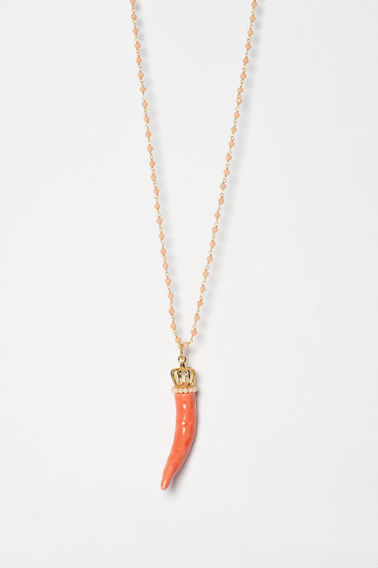 SICYLUI - COLLANA CORNO IN CERAMICA SALMONE CORONA IN ARGENTO E CORALLINI SALMONE
