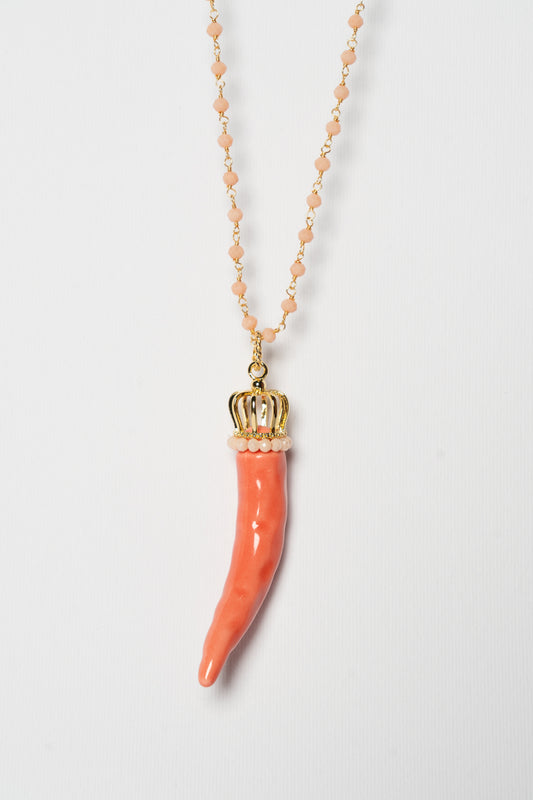 SICYLUI - COLLANA CORNO IN CERAMICA SALMONE CORONA IN ARGENTO E CORALLINI SALMONE