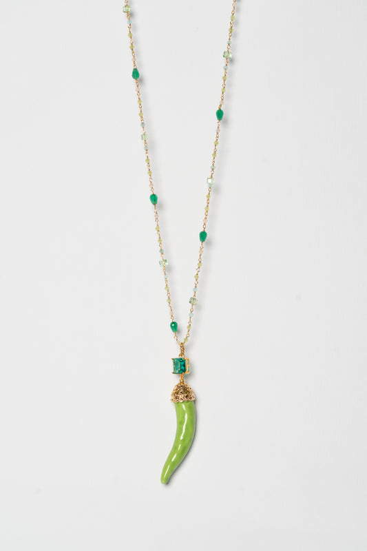 SICYLUI - COLLANA CORNO IN CERAMICA VERDE CON CRISTALLO VERDE E CORALLINI VERDI