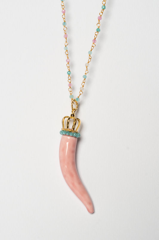 SICYLUI - COLLANA CORNO IN CERAMICA ROSA CON CORONA E CORALLINI TIFFANY E ROSA