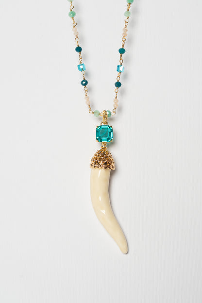 SICYLUI - COLLANA CORNO IN CERAMICA BURRO CON CRISTALLO CENTRALE TURCHESE