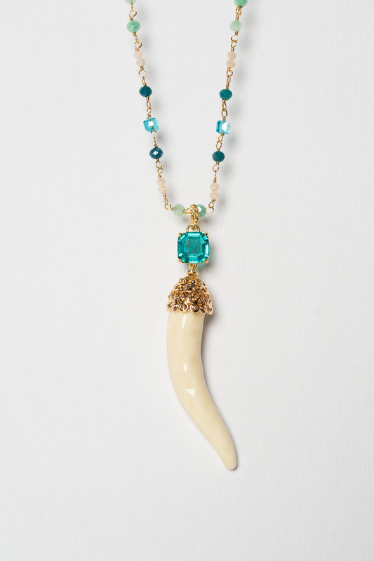 SICYLUI - COLLANA CORNO IN CERAMICA BURRO CON CRISTALLO CENTRALE TURCHESE