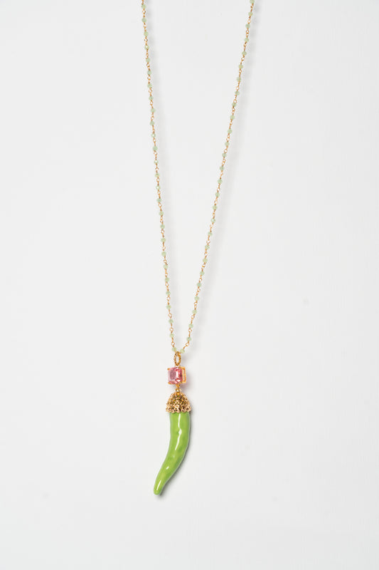SICYLUI - COLLANA CORNO IN CERAMICA VERDE CON CRISTALLO CENTRALE ROSA