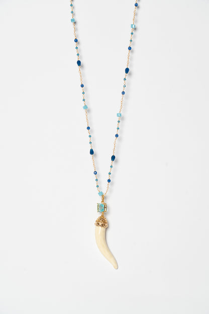 SICYLUI - COLLANA CORNO IN CERAMICA BURRO CON CRISTALLO CENTRALE AZZURRO