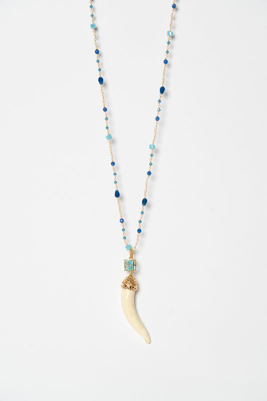 SICYLUI - COLLANA CORNO IN CERAMICA BURRO CON CRISTALLO CENTRALE AZZURRO